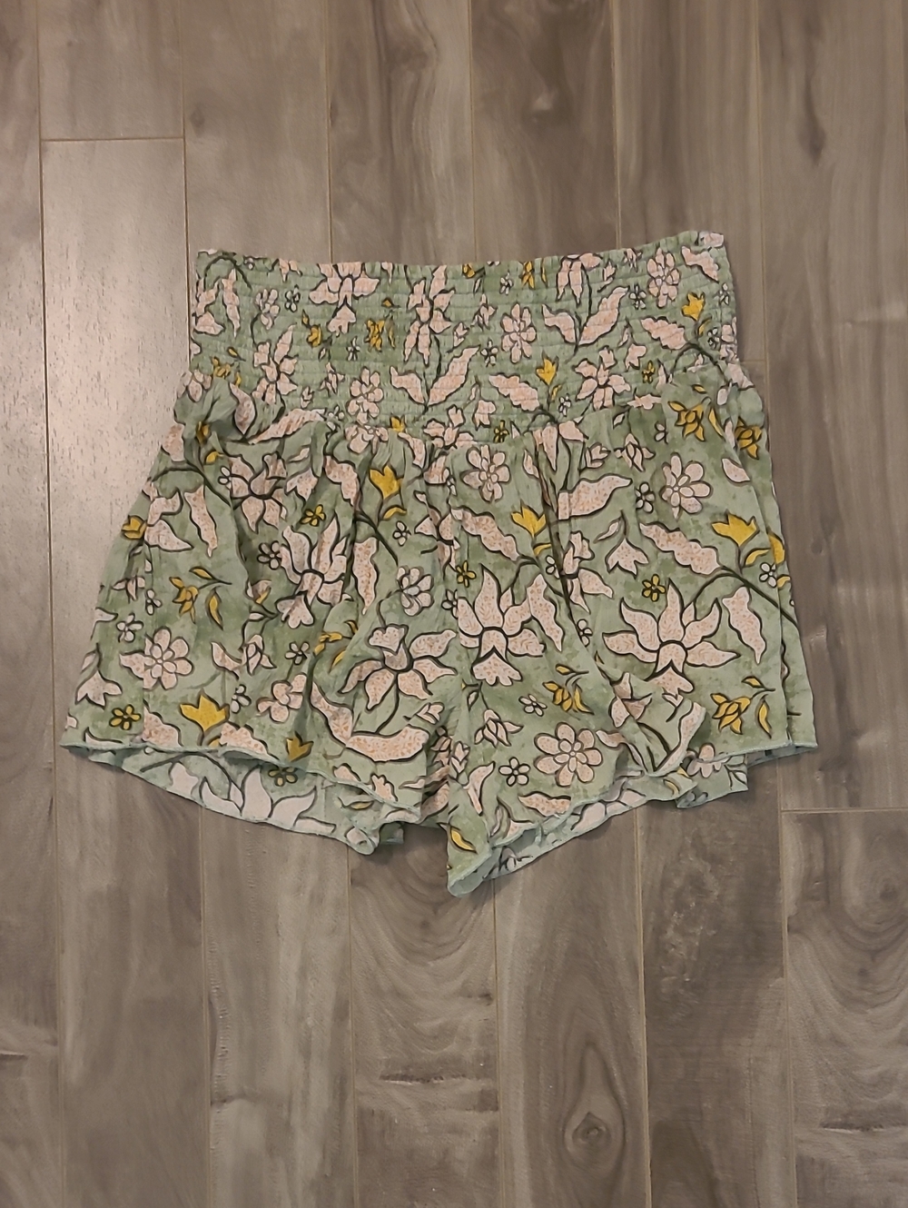 aerie Floral Print High-Waist Smocked Shorts in Mint with Pink & Yellow